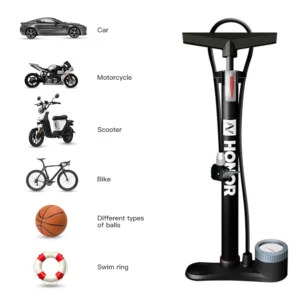 160PSI Bike Air Pump with Gauge Presta & Schrader Valves Bicycle Floor Pump Tire Tube Inflator with Multifunction Ball Needle Bi